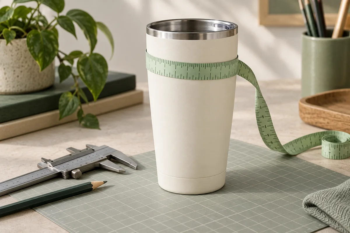 Illustration of a tapered cup with a measuring tape and calipers