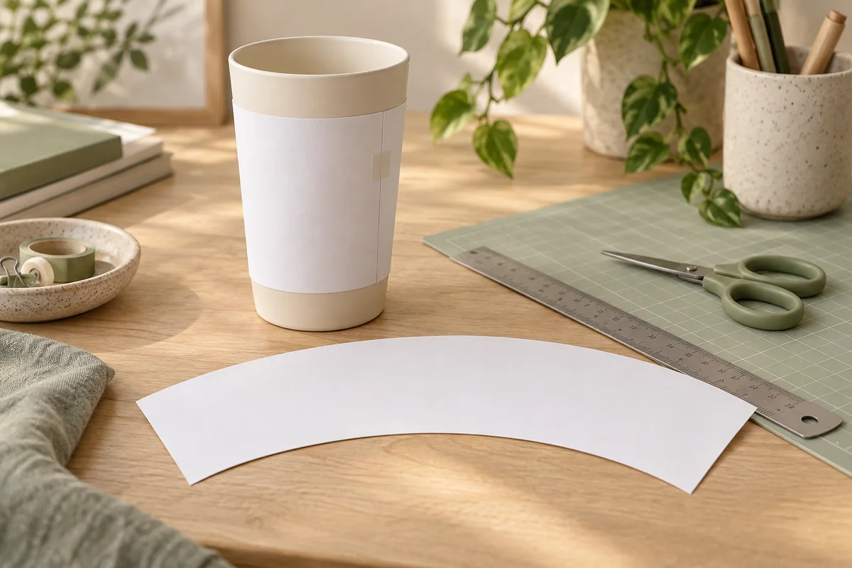 Illustration of a blank paper sleeve and curved template beside a tapered cup